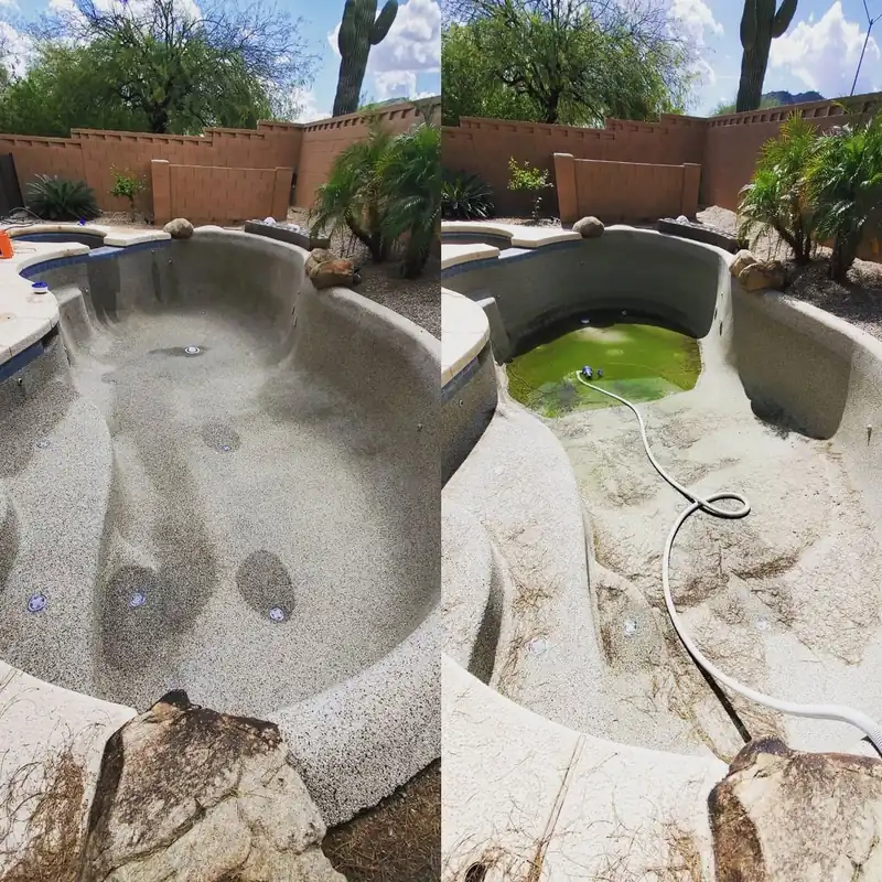 Side-by-side collage of a drained pool and a pool with green water