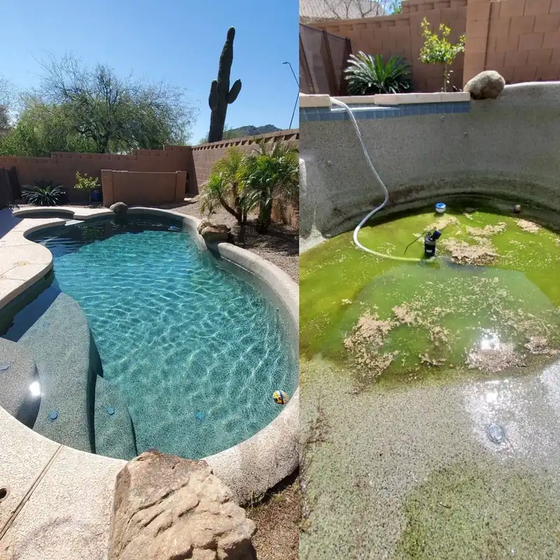 Side-by-side collage of a clean spa and a green spa