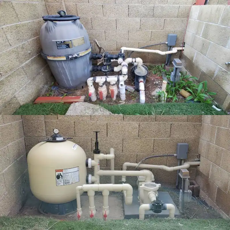 Two equipment pads with filters, valves and plumbing